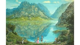Giuseppe  Panto; Sunday At The Lake, 2020, Original Painting Acrylic, 110 x 80 cm. Artwork description: 241 Landscape with open views of a lake surrounded by mountains and trees.  Also all people around. ...