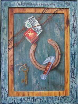 Georgina Love; Cowboy Bunkhouse Junk, 2007, Original Painting Oil, 8 x 11 inches. Artwork description: 241  Junk in a bunkhouse!  This trompe l'oeil is a fantastic assortment of texture and color - so real! !  The money is an eye catcher too! Go to my website for a close- up view. ...