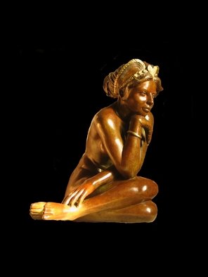 Frederic Clerc-Renaud; Diadora, 2010, Original Sculpture Bronze,  43 cm. Artwork description: 241 figurative bronze sculpture showing a nude lady lost in contemplation puting on this sort of air that people, looking at the famous Joconda from Leonardo da Vinci, say is a smile...
