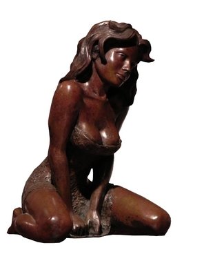 Frederic Clerc-Renaud; Oxalia, 2010, Original Sculpture Bronze, 90 x 40 cm. Artwork description: 241  Bronze sculpture. young lady Oxalia lost in contemplation arms proping her body. walnut patina....