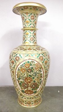 Purushottam Lal Jangid; Flower Vase, 2020, Original Mixed Media, 11 x 24 inches. Artwork description: 241 White marble based real gold meenakari work ...