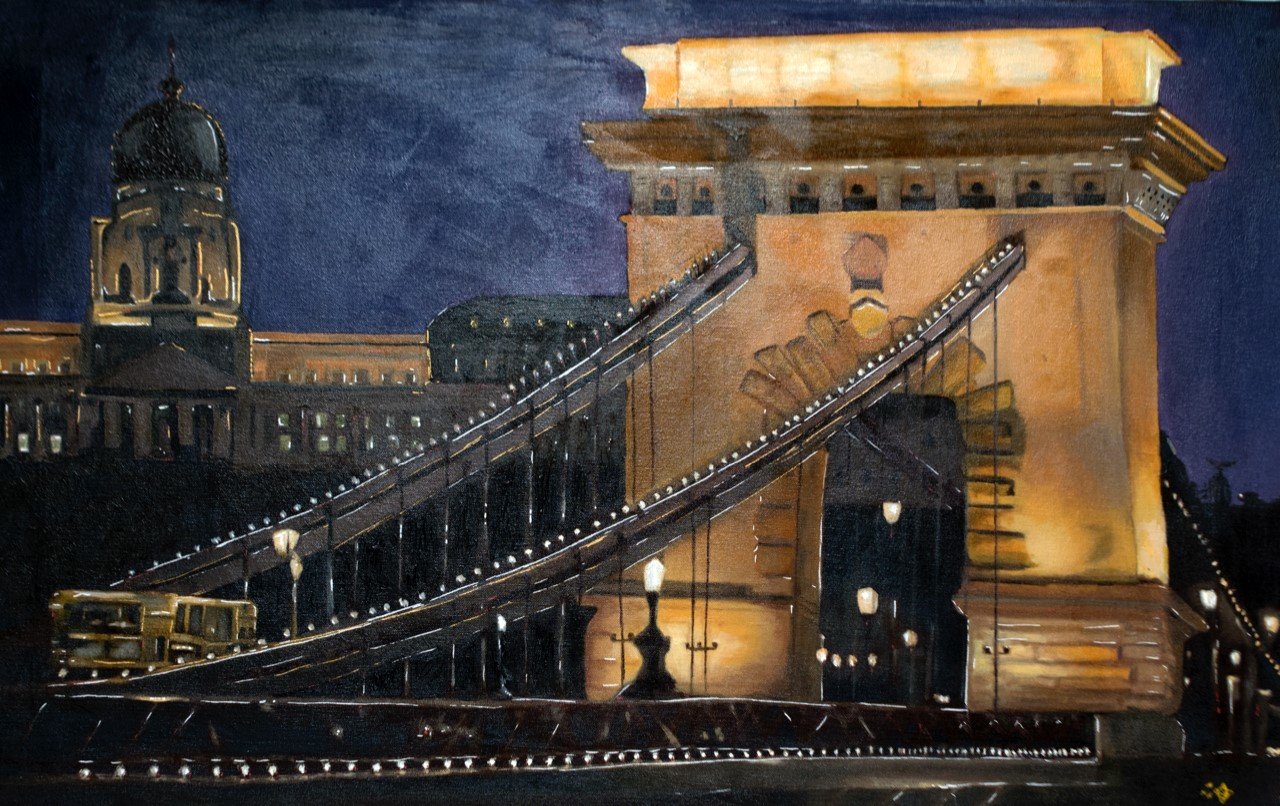 Andreas Halidis; Chain Bride Budapest, 2001, Original Painting Oil, 40 x 25 inches. Artwork description: 241 Chain bridge in Budapest at night as the bus passes over with the castle in the back on the mountain. ...