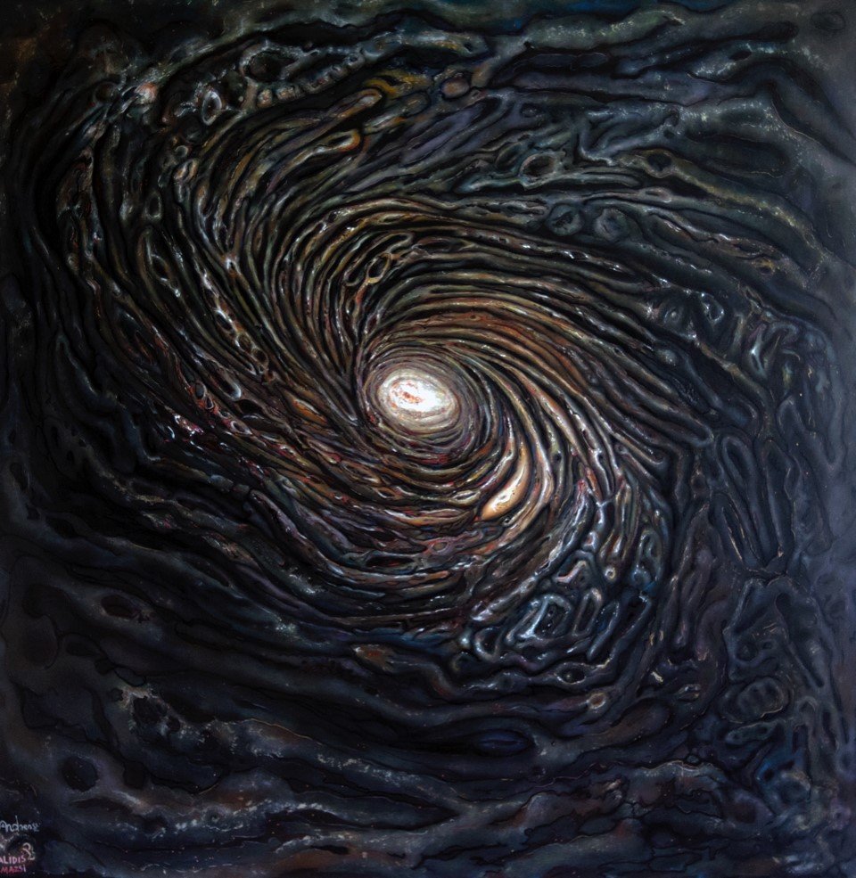 Andreas Halidis; Galaxy, 2012, Original Painting Oil, 60 x 60 inches. Artwork description: 241 I am fascinated with space and the beauty of the Abyss. . .  space and the similarities of cosmos to micros.  Where stars are born and life forms. . .  good, bad, beauty and ugly.  See the creatures in this artwork and let your imagination go on a large scale.  Enjoy ...