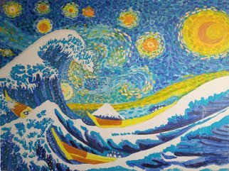 Bo Leng; Great Wave In Starry Night , 2021, Original Painting Oil, 60 x 48 inches. Artwork description: 241 Great Wave in Starry Night is 1 of 3 works in a series under planning.  It uses Pointillism similar short strokes to translate Vincent van Goghs Starry Night and Graffiti plus traditional Chinese freehand paintings skills to interprete Katsushika Hokusai The Great Wave Off Kanagawa and seamlessly ...