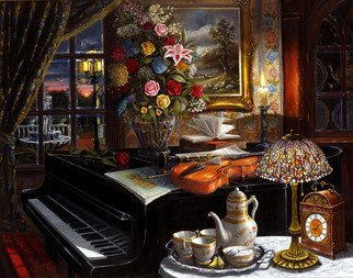 Nicolo Sturiano; The Ensemble, 2001, Original Painting Oil, 40 x 30 inches. Artwork description: 241  An formal and elegant painting with three  sources of light casting off the objects.  ...