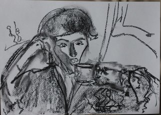 Elena Zhogina; Elegant With A Cup Of Tea, 2012, Original Drawing Charcoal, 30 x 40 cm. Artwork description: 241 Drawn after a woman character by a famous photographer Peter Lindbergh    ...