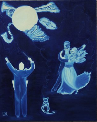 Elena Zhogina; Moon Melody, 2011, Original Painting Oil, 40 x 50 cm. Artwork description: 241   The idea of this painting arose in the evening. I think its was moon. I saw a man and woman dancing in harmony, maestro directing invisible music and a cat sitting nearby saying - miaw. My cat loves saying that. The when I bagan painting there was a ...