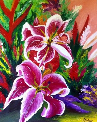 Helen Bellart; Tropical Garden, 2015, Original Painting Acrylic, 65 x 81 cm. Artwork description: 241   exotic, flowers, orchidea, painting, contemporary art, artwork,        Original painting - Format: 73cmx 60cm - oil on canvas, stretched on a wooden frame - The work is signed on the front and back. - Sealed with protective lacquer. The painting is a beautiful piece of painter Helen Bellart 