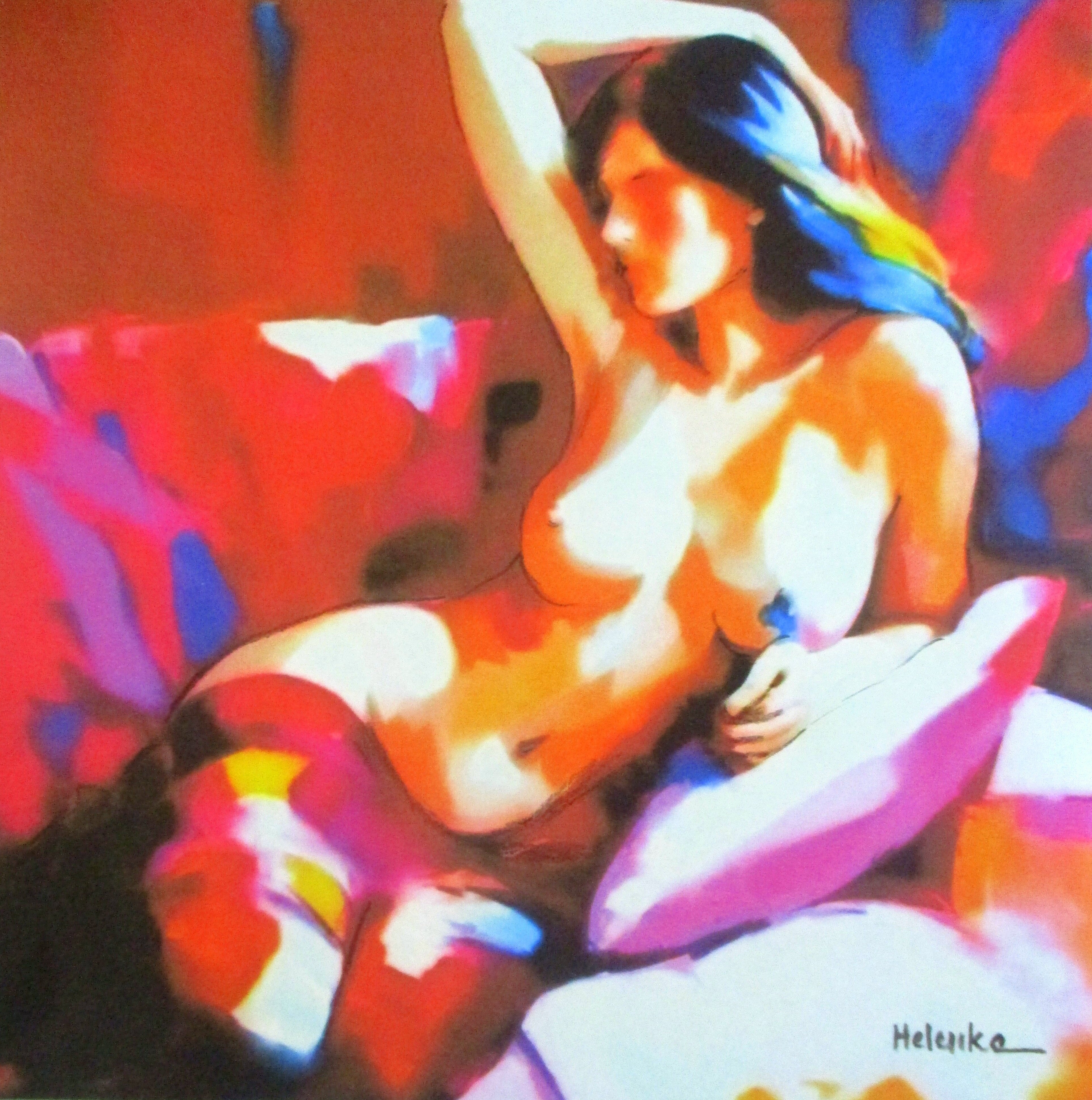 Helena Wierzbicki; Glowing Ruby, 2023, Original Painting Acrylic, 10.3 x 10.3 inches. Artwork description: 241 A semi- abstract canvas within hues of warmth. A symphony of colors, the painting s muse, the female nude. A timeless symbol of life and solitude.In brushstrokes, soft curves and shadows conjuring embrace.Her body, an ode to feminity s bloom, captures her essence, from fiery ...