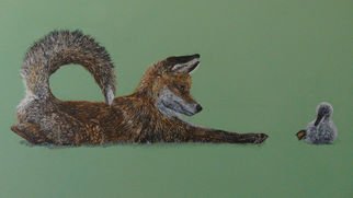 Helen Purcell; Intrigued , 2015, Original Painting Acrylic, 39 x 28 inches. Artwork description: 241  Title of piece: IntriguedAcrylic on canvas. 39'' x 28'' deep canvas The piece displays a fox looking at a cygnet he has just found. The interpretation of what he is thinking and what might happen next is up to you. ...