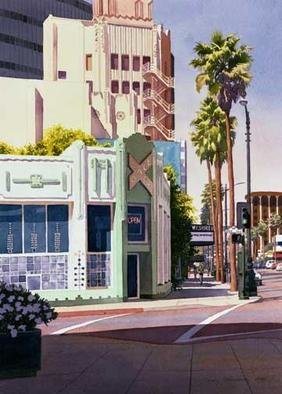 Mary Helmreich; Gale Cafe On Wilshire Blv..., 2006, Original Watercolor, 24 x 30 inches. Artwork description: 241 Gale Cafe - Art Deco street scene in Los Angeles California with palm trees.Corner Wilshire Blvd and Gale Street.Painted in watercolor on 100% Rag D' Arches paper, museum quality matted and framed. Pink, Green & Blue. For my other originals and museum quality prints, check out ...