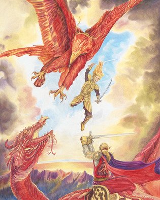 Heather Gamble; Red, 2015, Original Drawing Other, 16 x 20 inches. Artwork description: 241  Illustration, Fantasy, Dragon, Gryphon, Griffin, Sword Fighting, Dragon rider, Red ...