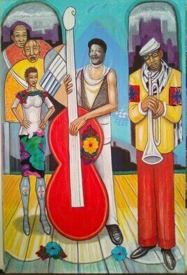 Hampton Olfus; Freds Jamming, 2023, Original Painting Acrylic, 24 x 36 inches. Artwork description: 241 A ultra modern jazz club fantasy, featuring Fred Sanford aka Red Fox on bass. A contemporary classical art mix, with a little humor ...