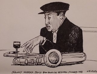 Hampton  Olfus ; Johnny Hodges Takes 5, 2021, Original Drawing Pen, 7 x 5 inches. Artwork description: 241 This is an ink drawing of saxophonist Johnny Hodges, taking a break between sessions in Paris.  ...