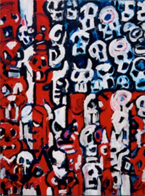 Holly Gauthier; Today, 2000, Original Painting Acrylic, 36 x 48 inches. Artwork description: 241 TODAY is a large scale, acrylic painting by American Expressionist Artist, Holly Gauthier.  This painting features The American Flag which appears to be made up entirely of skulls and is part of the i? 1/2Search for a Sign Seriesi? 1/2 2000.  Prophetic message is the basis for the series ...