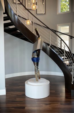Hunter Brown; Infatuation, 2021, Original Sculpture Steel, 32 x 90 inches. Artwork description: 241 Infatuation is a contemporary stainless steel sculpture design with a mirror polished finish and a forged steel wrap detail with a metallic blue automotive coating. ...