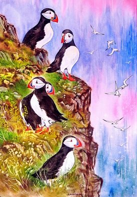Igor Moshkin; A Flock Of Ducks, 2005, Original Watercolor, 60 x 47 cm. Artwork description: 241 watercolor, paper, wildlife, green and blue,  A flock of ducks- axes  gry. rock, sky, sea ducks...