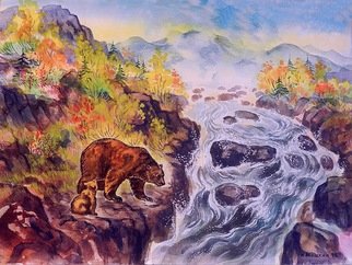 Igor Moshkin; Bear, 2005, Original Watercolor, 40 x 50 cm. Artwork description: 241 watercolor, wildlife, brown bears, waterfall, autumn, forest, orange and blue...