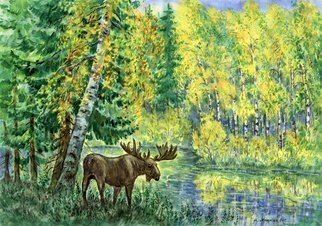 Igor Moshkin; Los At The Lake, 2008, Original Watercolor, 45 x 60 cm. Artwork description: 241 watercolor, paper, wildlife, green and blue,  Los at the lake , summer, forest, lake, moose...