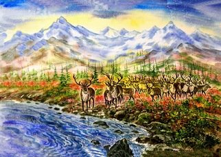 Igor Moshkin; Reindeers At The Watering Hole, 2005, Original Watercolor, 60 x 45 cm. Artwork description: 241 atercolor, paper, wildlife, green and blue,  Reindeers at the watering hole , summer, forest, lake, reindeer, north, mountains...
