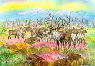 Igor Moshkin; Reindeers In The Arctic, 2008, Original Watercolor, 60 x 46 cm. Artwork description: 241 watercolor, paper, wildlife, green and blue,  Reindeers in the Arctic , summer, deer, stones, grass...