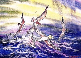 Igor Moshkin; Sea And Gulls, 2002, Original Watercolor, 50 x 40 cm. Artwork description: 241 watercolor, wildlife, green and blue,  Sea and Gulls , storm, waves, sailfish, clouds in the sky, seagulls...