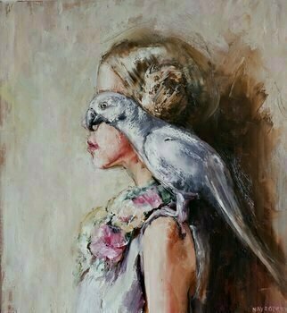 Igor Navrotskyi; Sight, 2022, Original Painting Oil, 26 x 28 inches. Artwork description: 241 Girl and parrot.  Their poses are the same.  but they look in different directions.  The bird s gaze is deep, but it can be very difficult to catch.  He is elusive all the time.  ...