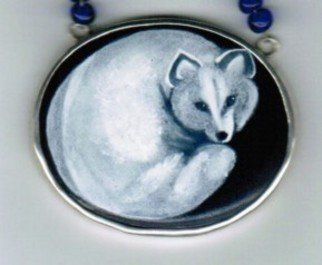 Catherine Crowe; Spirit Fox, 2009, Original Enameling Vitreous, 1.5 x 1.25 inches. Artwork description: 241  Foxes in Celtic mythology are usually quick, cunning, and sneaky, filling much the same position as coyote does in Native myth. In Irish folklore other- wolrdly animals are always white.As red haired animals they were sometimes considered lucky and sometimes unlucky ( as were red- haired people) . ...