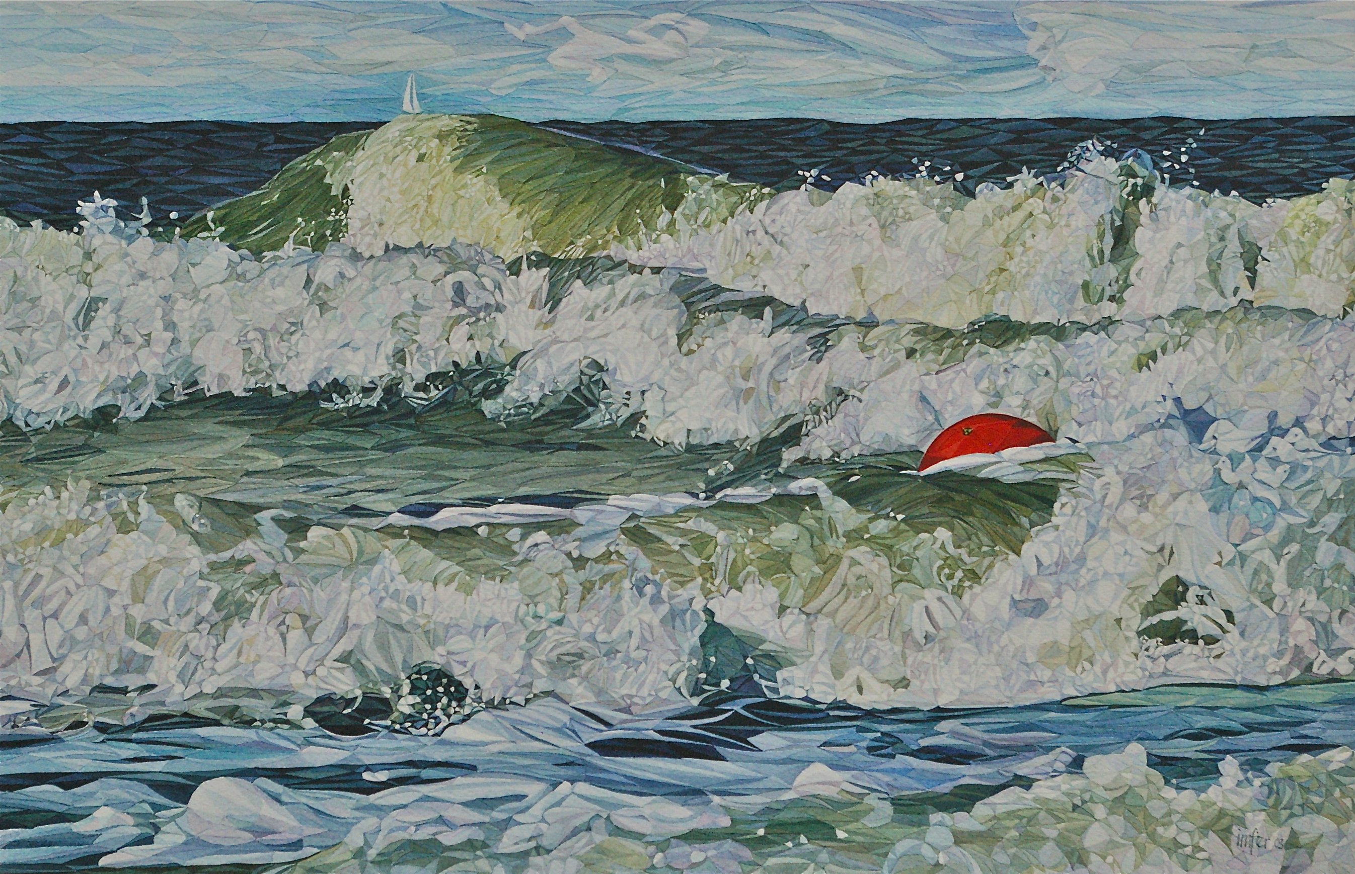 Imelda Feraille; Verzeild, 2013, Original Watercolor, 49 x 32 cm. Artwork description: 241  You have to beware of these waves or they will swallow you and your boat right down!  This is the power of the water. ...