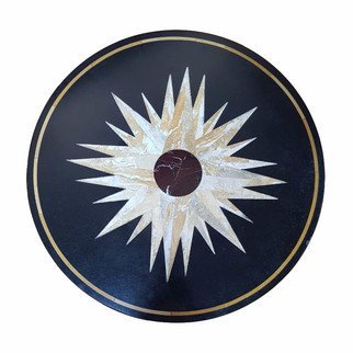 Surendra Rajput; The 24 Pointed Star, 2020, Original Sculpture Marble, 28 x 28 inches. Artwork description: 241 The 24 Pointed Star -This is the perfect geometrical art piece, made on Black Natural Indian Marble slab of round shape. The black marble is carved and inlaid with a 24 pointed star made of Tiger Eye Semi Precious Stone. Center circle of the star is made ...