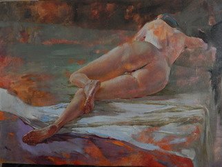 Irina Petruhina; Burning Heels, 2016, Original Painting Oil, 100.5 x 70 cm. Artwork description: 241 Female nude, impressionisme, sleeping woman, fantasy, erotics...