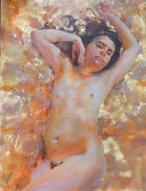 Irina Petruhina; Elena, 2010, Original Painting Oil, 60.5 x 79.5 cm. Artwork description: 241 oil on canvas, realism, impressionism, erotics, nude, young girl, romance, nude, beauty, body, glamor, gold, love...