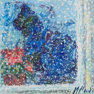 Irina Maiboroda; Waiting For The Summer, 2017, Original Mixed Media, 13 x 13 cm. Artwork description: 241 winter, new year eve, snow, cat, window, frost, flower, snowing,  impressionism ...