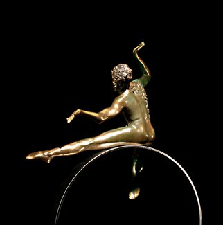 Martin Glick;   Puck, 2011, Original Sculpture Bronze, 20 x 33 inches. Artwork description: 241  Puck is a character in both the play and the ballet A Midsummers Night DreamPuck is an impish character that is very wise.  This sculpture is a patinated bronze dancer on top of a chrome plated steel hoop.  ...