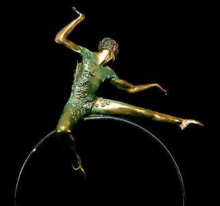 Martin Glick;   Puck, 2011, Original Sculpture Bronze, 20 x 33 inches. Artwork description: 241 Puck is a character in both the play and the ballet A Midsummers Night DreamPuck is an impish character that is very wise.  This sculpture is a patinated bronze dancer on top of a chrome plated steel hoop.  ...