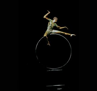 Martin Glick;   Puck, 2011, Original Sculpture Bronze, 20 x 33 inches. Artwork description: 241  Puck is a character in both the play and the ballet A Midsummers Night DreamPuck is an impish character that is very wise.  This sculpture is a patinated bronze dancer on top of a chrome plated steel hoop. ...