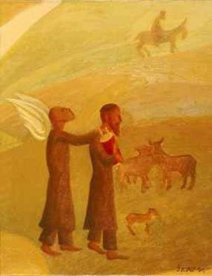 Israel Tsvaygenbaum; The Rabbi Leading The Angel, 1997, Original Painting Oil, 18 x 28 inches. Artwork description: 241  Tsvaygenbaum's painting 