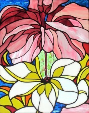 Iva Kalikow; Hibiscus And Plumeria, 2020, Original Glass Stained, 22 x 27 inches. Artwork description: 241 This leaded stained glass art panel inspired by Georgia O Keeffe consists of 110 hand- cut pieces of 12 different colors and textures of glass.  O Keeffe loved the abstract aspect of flowers and I was inspired to use rich colors of glass to emphasize the vibrancy ...