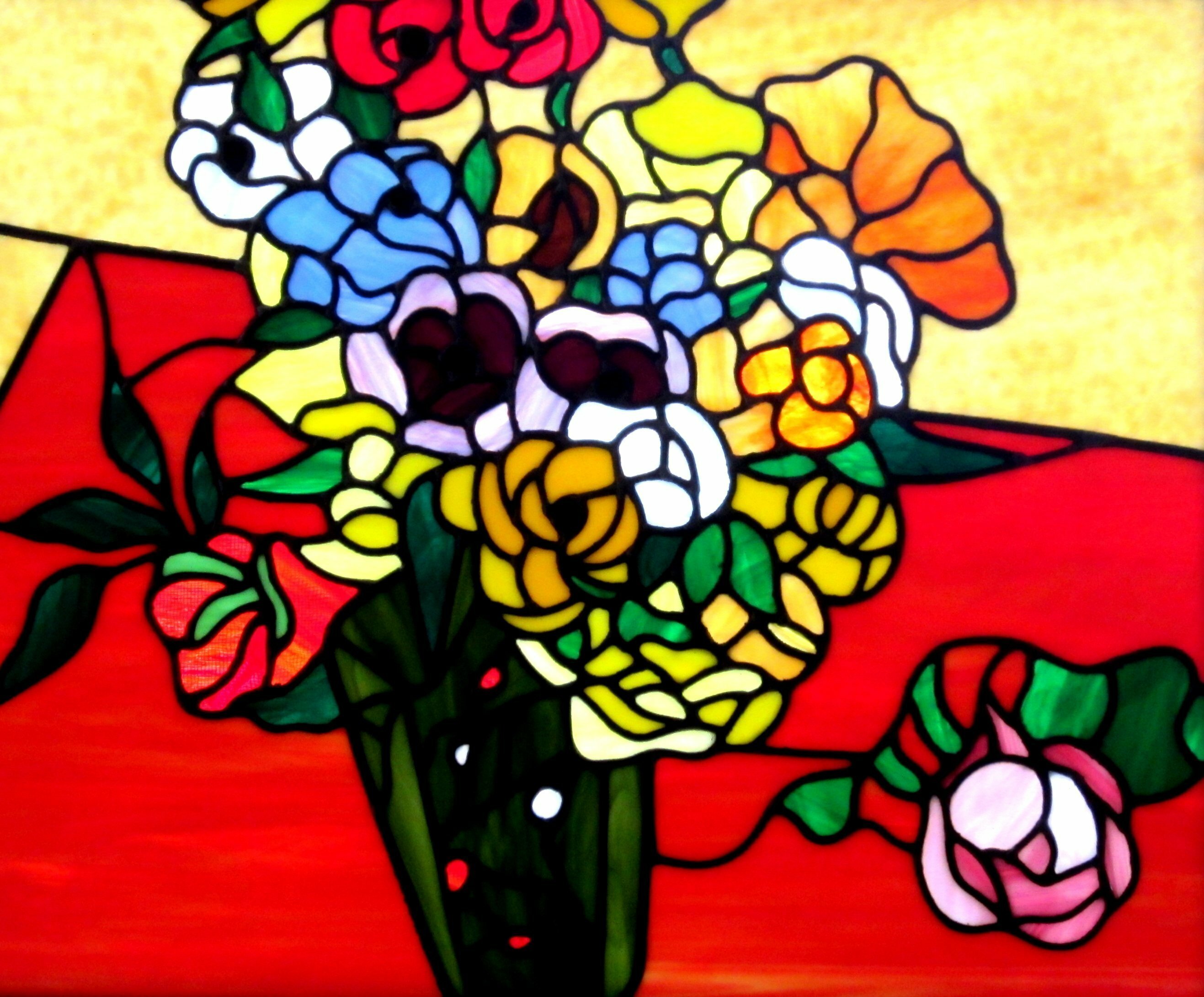 Iva Kalikow; Japanese Vase With Roses, 2020, Original Glass Stained, 26 x 22 inches. Artwork description: 241 This stained glass art panel is inspired by Van Gogh.  I create these in the traditional lead technique as used in churches and cathedrals.  It is made up of 300 hand- cut pieces of 16 different colors and textures of glass.  This glassart panel is framed in ...