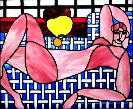 Iva Kalikow; Pink Nude, 2018, Original Glass Stained, 26 x 22 inches. Artwork description: 241 This leaded stained glass art panel is inspired by Matisse.  For Matisse, the platonic relationship between painter and model was a necessity and here it is as though he moves in for a closeup.  I was inspired to capture the beautiful nude form in vibrant pink to ...
