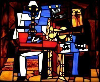 Iva Kalikow; Three Musicians, 2018, Original Glass Stained, 26 x 22 inches. Artwork description: 241 This leaded stained glass art panel is inspired by Picasso and is a perfect example of Picasso s Cubist style, the three musicians are modeled after characters in the old Italian comic theatre - Pierrot playing the clarinet, Harlequin playing the guitar and a singing Monk holding sheet ...