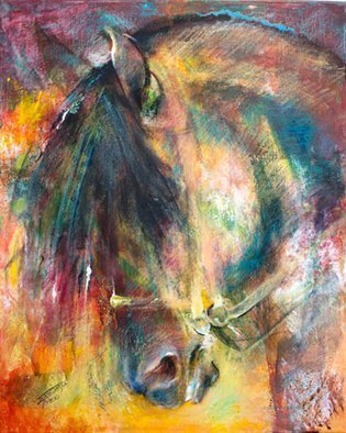 Iwona Jankowski; Black Andalusian, 2020, Original Giclee Reproduction, 16 x 20 inches. Artwork description: 241  Horse portrait from my Mottled Horses series.Limited Edition Archival inks print on stretched canvas.My Mottled Horses has been developed since 2003- 4.  Abstract, colorful background with semi realistic subject and shadow images in background.Horse art, animals, art, horse painting, quarter horse, Rodeo, equine art,...
