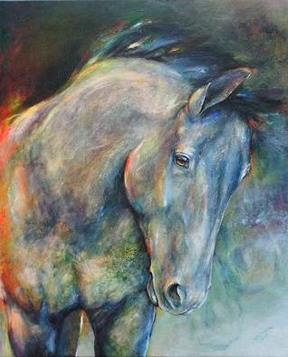 Iwona Jankowski; Glow , 2020, Original Painting Acrylic, 24 x 30 inches. Artwork description: 241 Horse portrait from my Mottled Horses series.Limited Edition Archival inks print on stretched canvas.My Mottled Horses has been developed since 2003- 4.  Abstract, colorful background with semi realistic subject and shadow images in background.Horse art, animals, art, horse painting, quarter horse, Rodeo, equine art,...