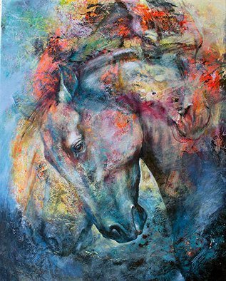 Iwona Jankowski; Western Dust, 2020, Original Giclee Reproduction, 24 x 30 inches. Artwork description: 241 Horse portrait from my Mottled Horses series.Limited Edition Archival inks print on stretched canvas.My Mottled Horses has been developed since 2003- 4.  Abstract, colorful background with semi realistic subject and shadow images in background.Horse art, animals, art, horse painting, quarter horse, Rodeo, equine art,...