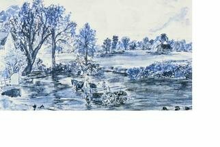 Jacqueline Weegels; Constables Haywain In Blue, 2004, Original Watercolor, 11 x 8 inches. Artwork description: 241 In silver, mat frame with double mat. John Constable painted the original Haywain in 1821. I loved the setting so much that I not only painted it in a monogramatic blue, but also visited Flatford Mill myself, whilst living in the U. K. ...
