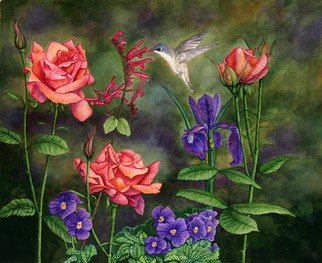 Jacquie Vaux; Hummingbird In My Garden, 2013, Original Painting Other, 20 x 16 inches. Artwork description: 241  Hummingbird in My Rose Garden was inspired by my love of birds ( especially hummers) and my passion for roses. ...
