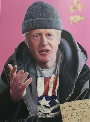James Earley; Boris And The Golden Pig, 2020, Original Painting Oil, 70 x 100 cm. Artwork description: 241 I wanted to create a painting of an imaginary world where Boris Johnson the Prime Minister of the UK is homeless and where golden pigs fly.  Ultimately I wanted to show how the current economic model can create such wealth in one hand and yet such poverty ...