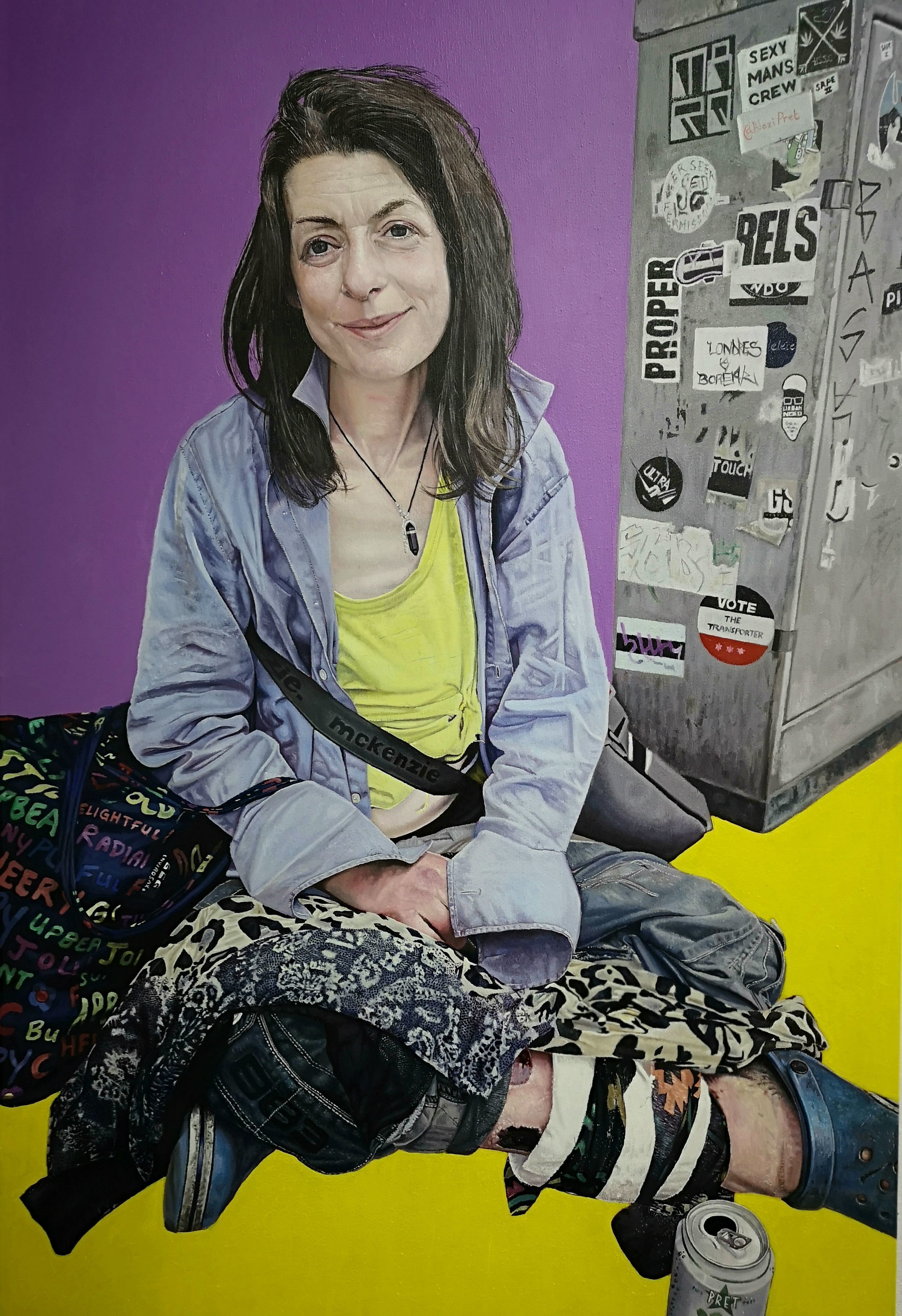 James Earley; The Yellow Road, 2019, Original Painting Oil, 60 x 80 cm. Artwork description: 241 I met Sarah outside South Kensington Tube Station in 2019.  She was extremely tired and had just been moved along by a Security Guard.  I got to know her over a seven day period and as I sketched her I got to understand her story.  As with ...