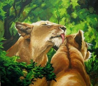 Janet Page; 2 Lionessses Preening, 2014, Original Painting Oil, 110 x 95 cm. Artwork description: 241  Wildlife, Lion, Lioness, Love, Preening,Cats, Big Cats, African Lion,  ...