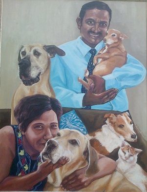 Janet Page; Group Portrait With Animals, 2013, Original Painting Oil, 90 x 120 cm. Artwork description: 241     Oil painting, portrait, pets, animals, man, woman, cats and dogs, family   ...